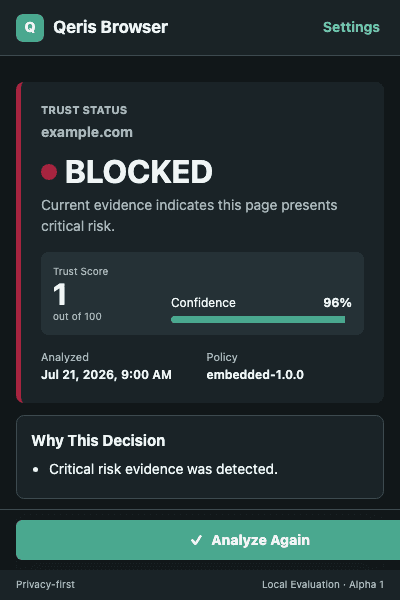 Qeris Browser showing an elevated risk state