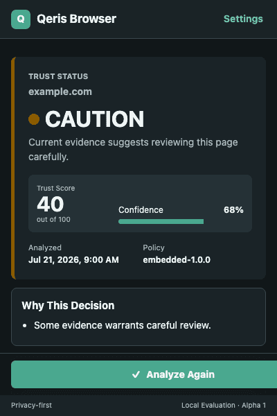 Qeris Browser showing a state that requires review