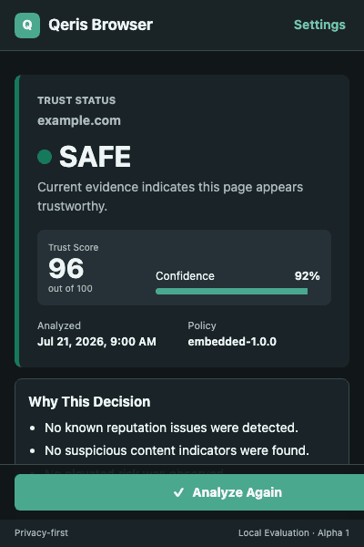 Qeris Browser showing a safe trust decision for example.com